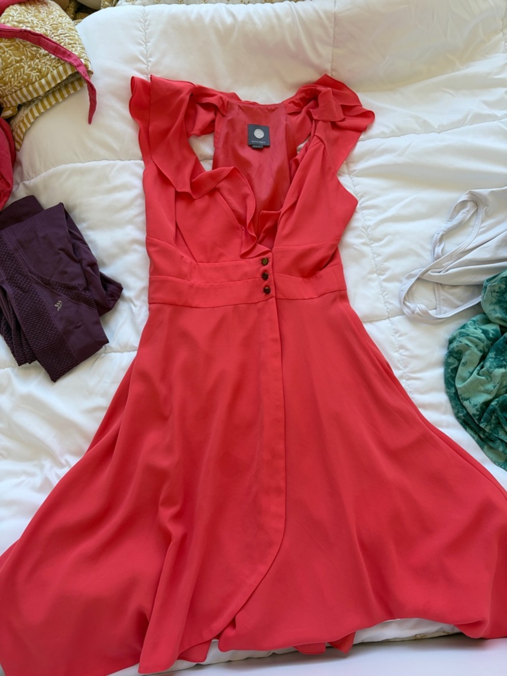 The Impeccable Pig Coral Red Ruffle-Trim Midi Dress